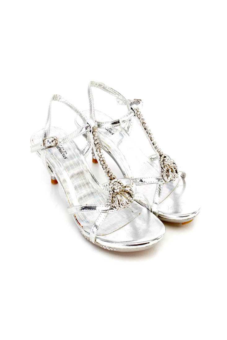 Silver Rhinestone Decor Strappy Kiddie Heels Faux Leather