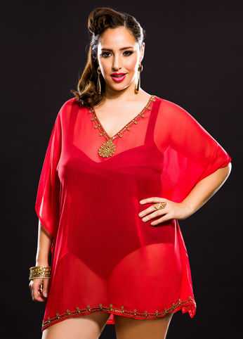 Sequin Beaded Neck Sheer Poncho Cover-Up