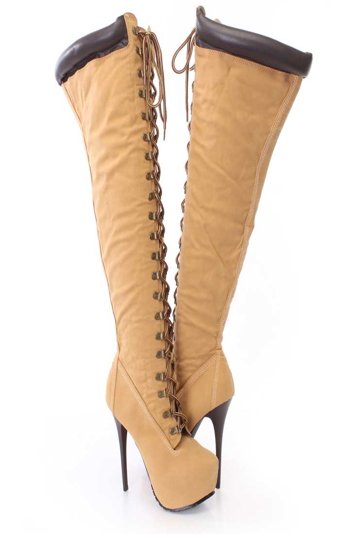 Tan Lace Up Thigh High Platform Boots Faux Leather