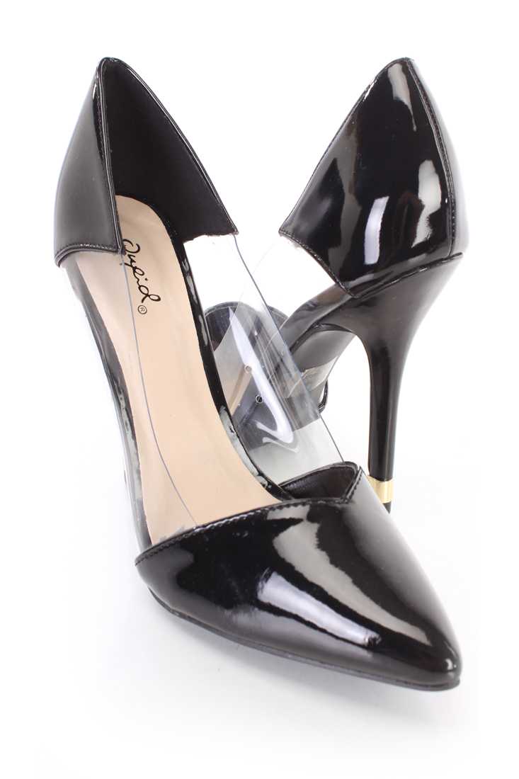 Black Pointed Single Soles High Heels Patent Faux Leather