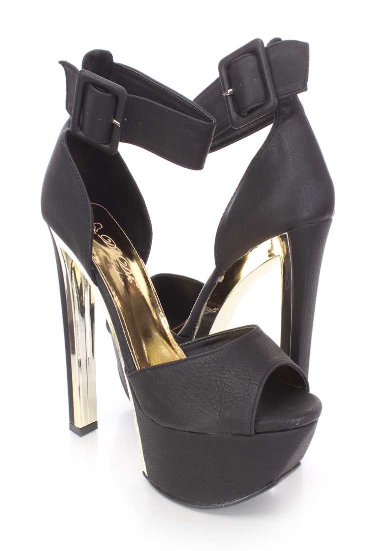 Black Peep Toe Platform Heels Faux Leather