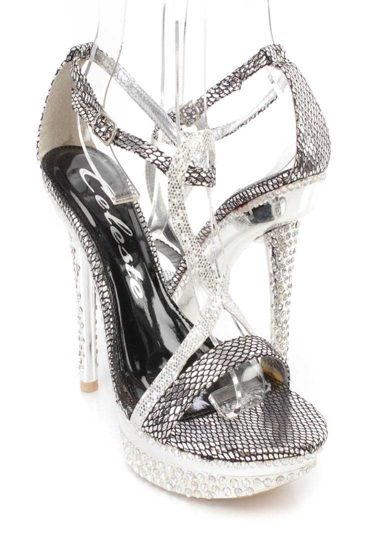 Silver Strappy Open Toe Platform High Heels Shimmer Fabric