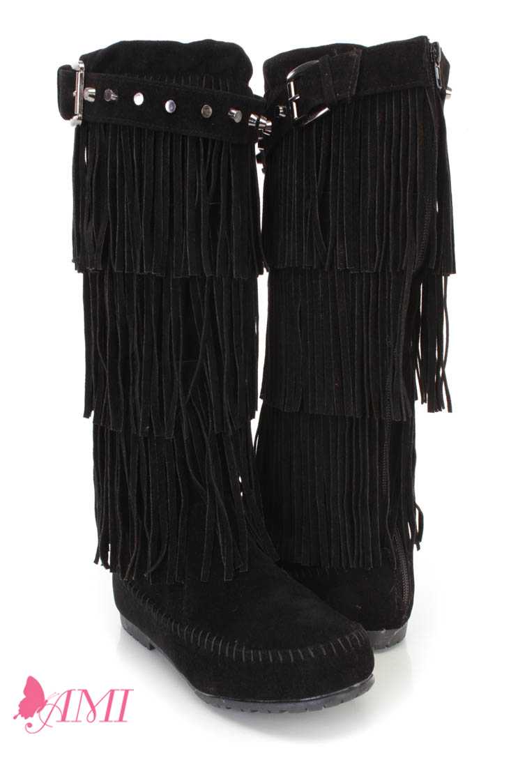 Black Fringe Tiered Moccasin Boots Faux Suede