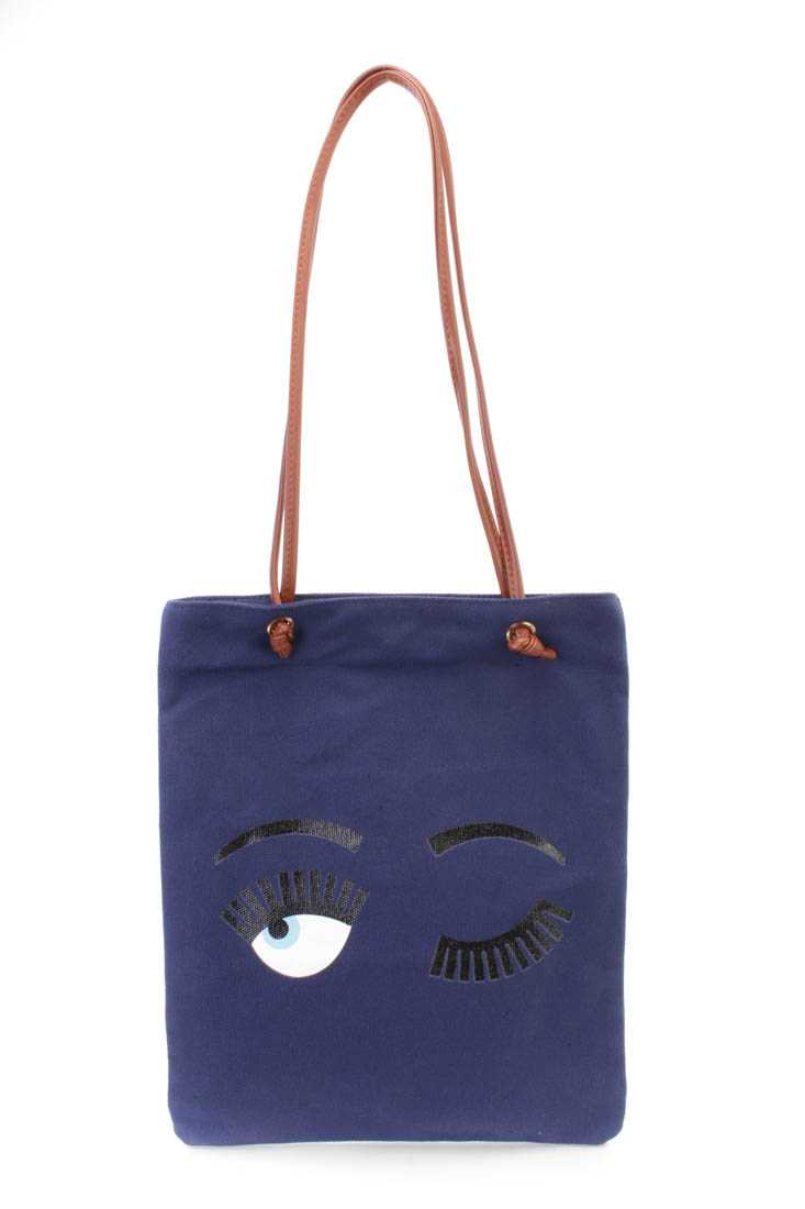 Navy Eye Print Canvas Shoppers Handbag