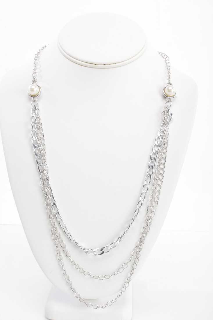 Silver Chain Draped Link Faux Pearl Necklace