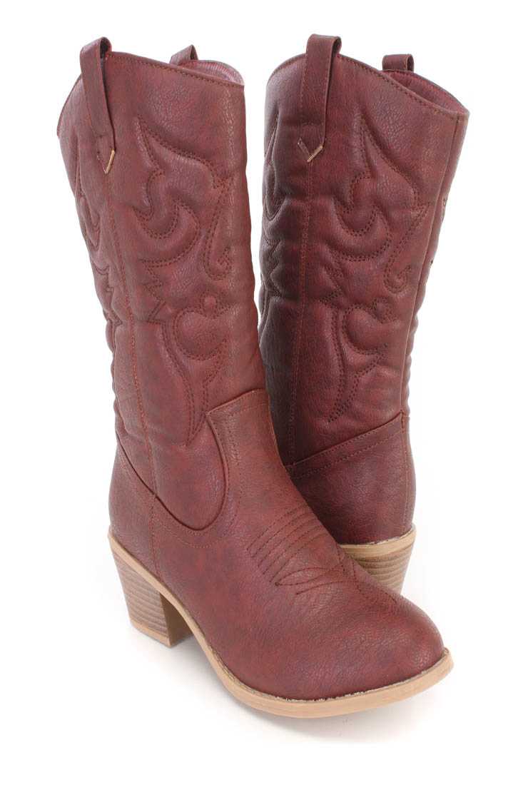 Wine Stitching Detailing Cowboy Boots Faux Leather