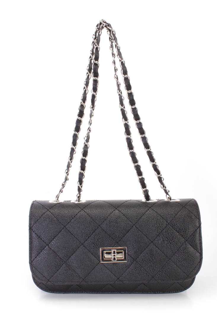 Black Faux Leather Quilted Handbag