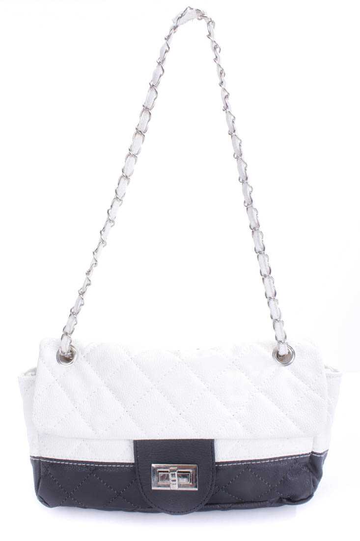 White Black Faux Leather Quilted Handbag