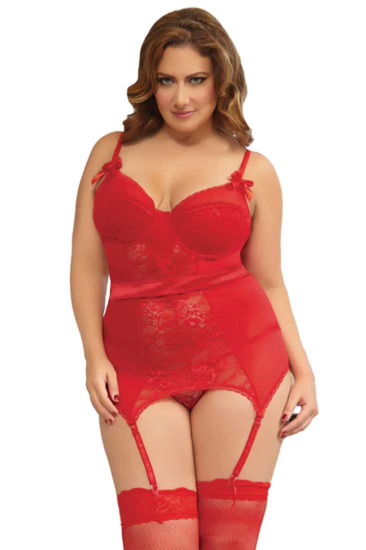 Red Stretch Satin Floral Lace Chemise Intimates Set Plus