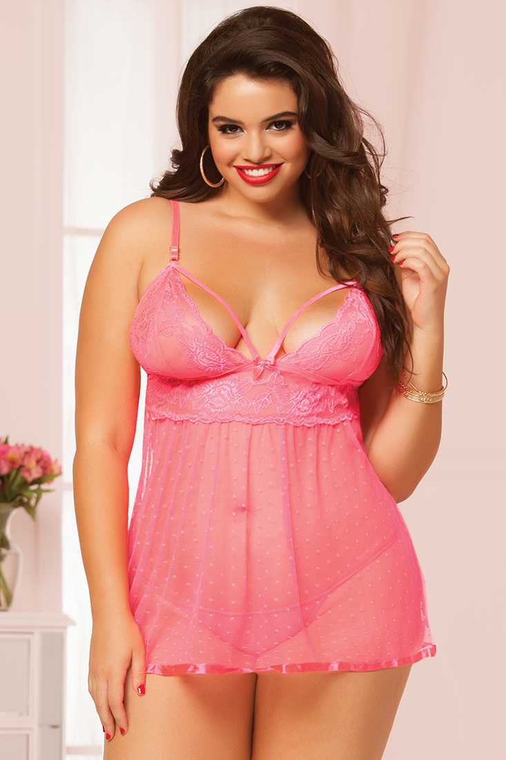 Coral 2 Piece Rose Lace Sexy Plus Size Babydoll Set