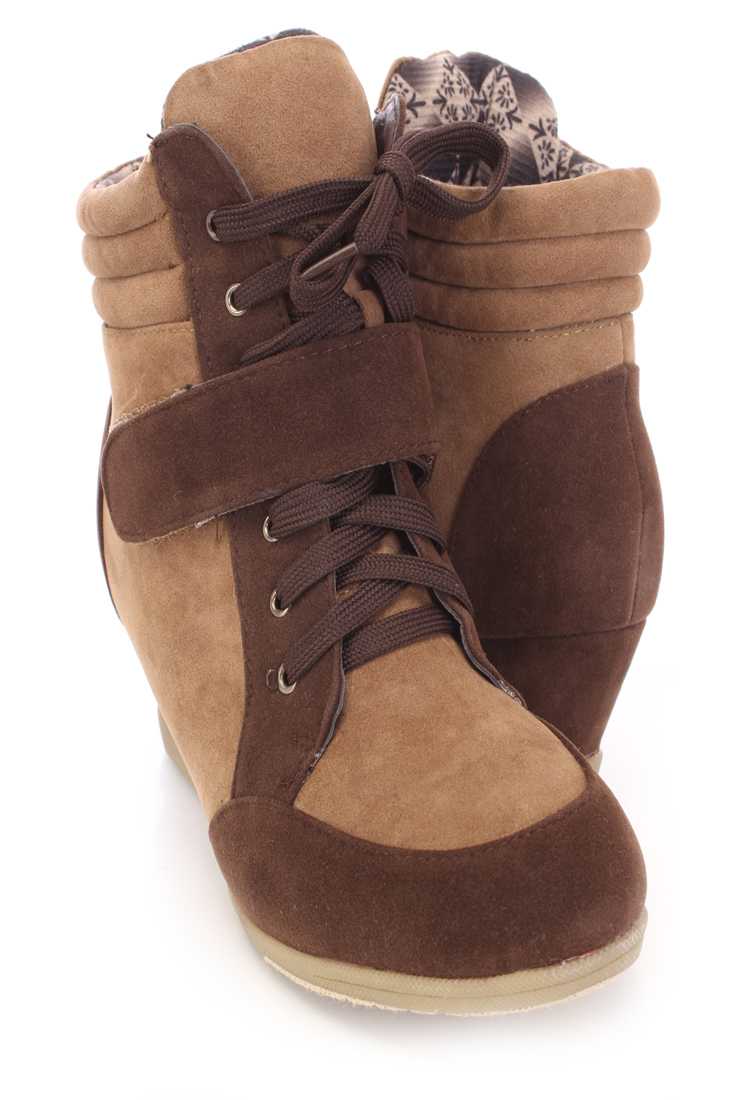 Coffee Camel Two Tone Sneaker Wedges Faux Suede