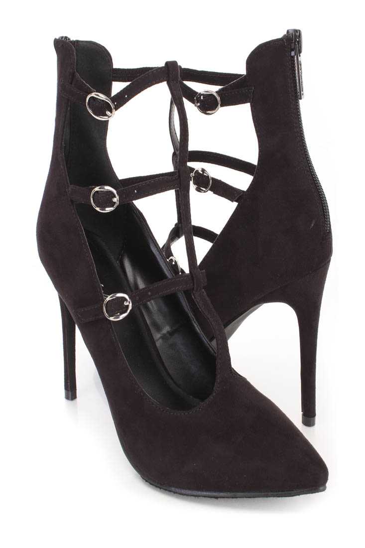 Black Pointed Toe Strappy Single Sole Heels Faux Suede