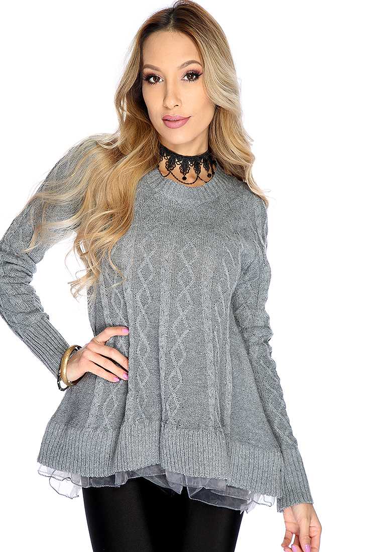 Grey Knitted Design Sheer Layered Sweater Top