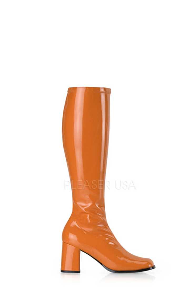 Orange Chunky Heel GoGo Boots Patent Faux Leather