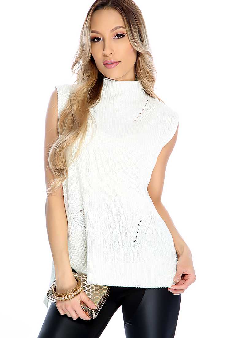 Stylish White Mock Neck Quarter Sleeve Knitted Top