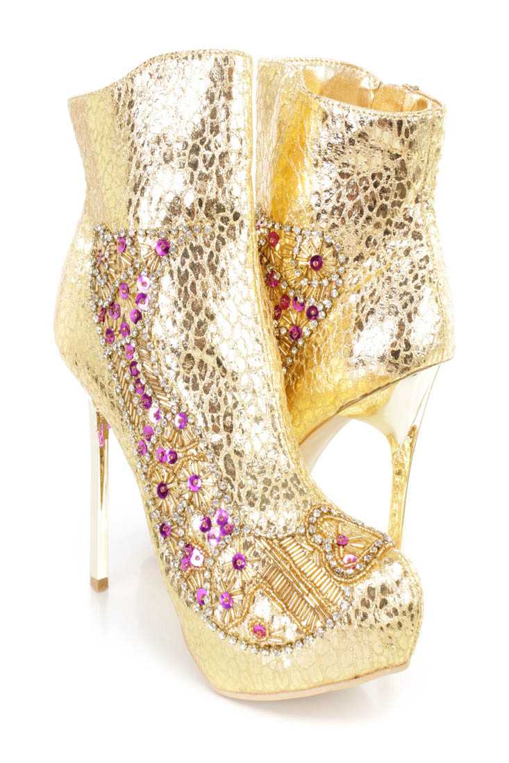 Gold Rhinestone Sequin Beaded High Heel Booties Faux Leather