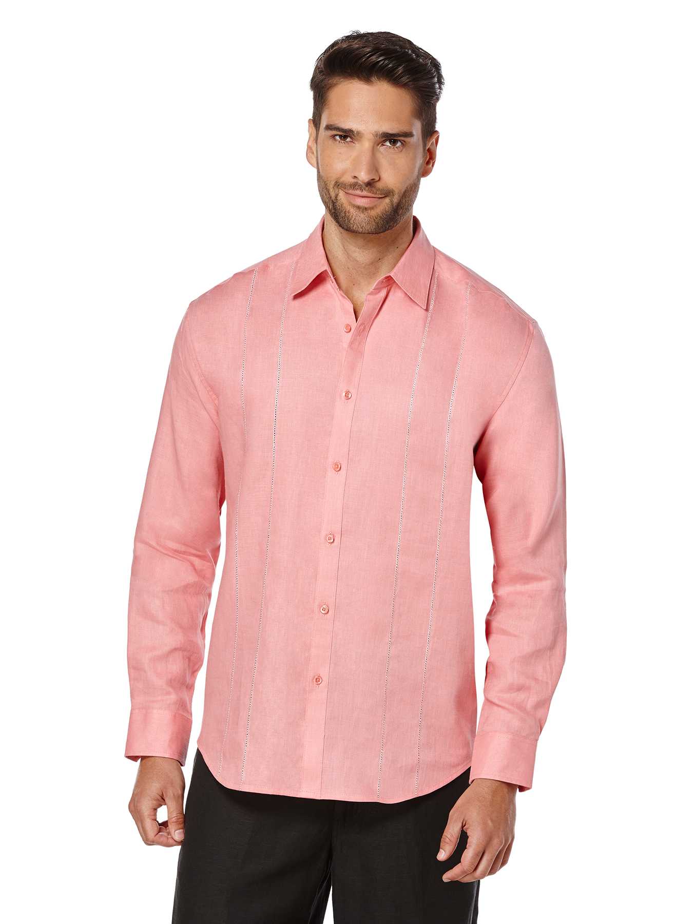 Cubavera 100% Linen Long Sleeve Panel with Embroidery Shirt