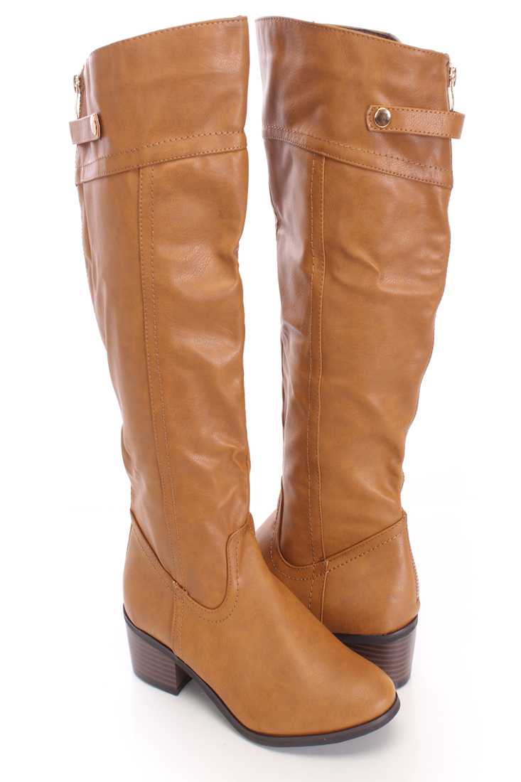 Camel Almond Toe Riding Boots Faux Leather