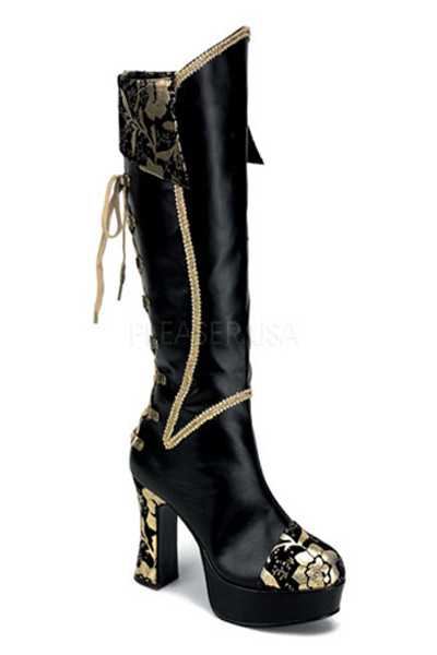 Black Gold Faux Leather Floral Lace Back Boots