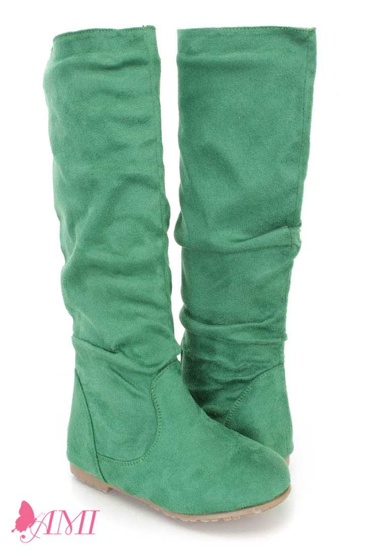 Green Slouchy Mid Calf Casual Boots Faux Suede