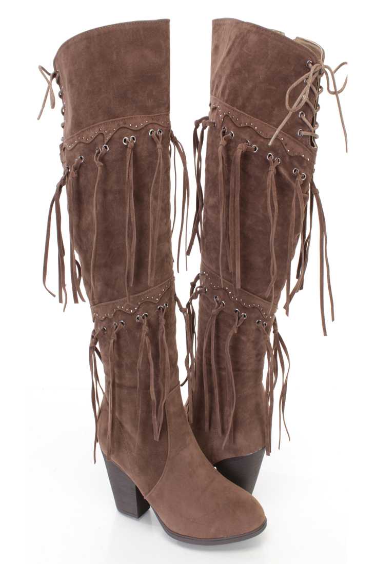 Brown Fringe Studded Detail Chunky Heel Boots Faux Suede