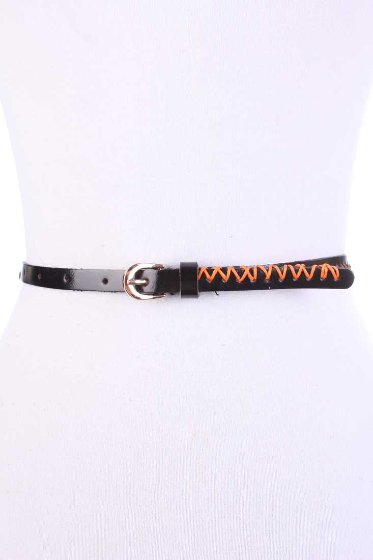 Black Faux Leather Detailed Stitching Pattern Design Belt