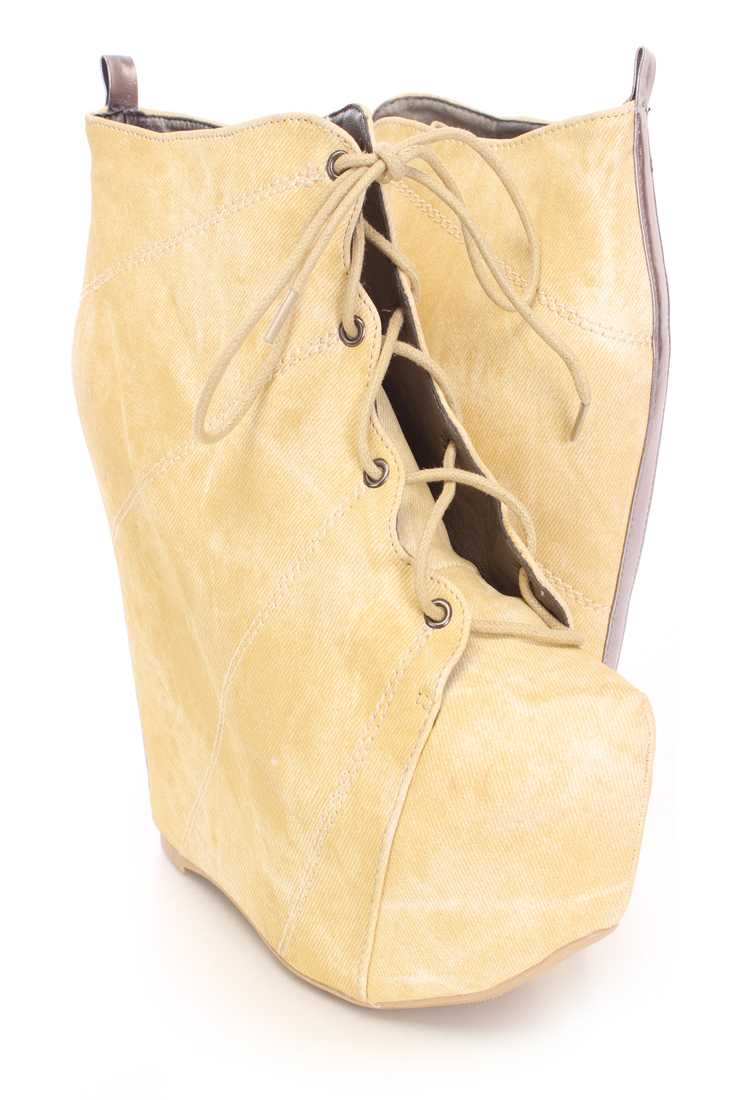 Yellow Lace Up Wedge Ankle Booties Faux Leather