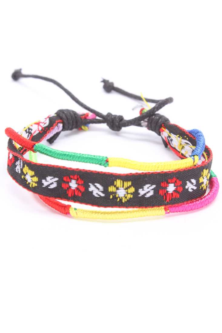 Black Floral Embroidered Triple Band Summer Bracelet