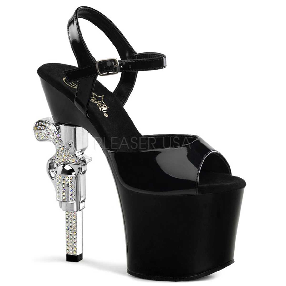 Black Peep Toe Platform Rhinestone Gun Heels Patent