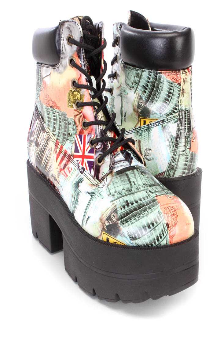 Multi Lace Up Chunky Platform Booties Faux Leather