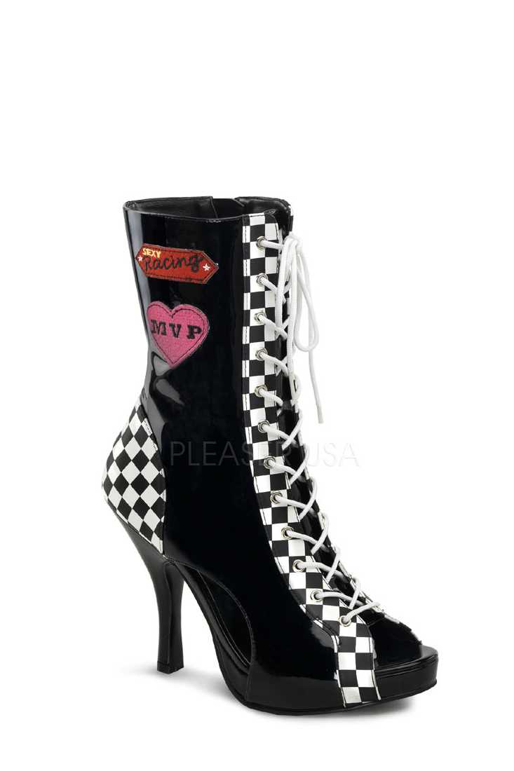 Black Race-Car Style Lace Up Ankle Boots Patent