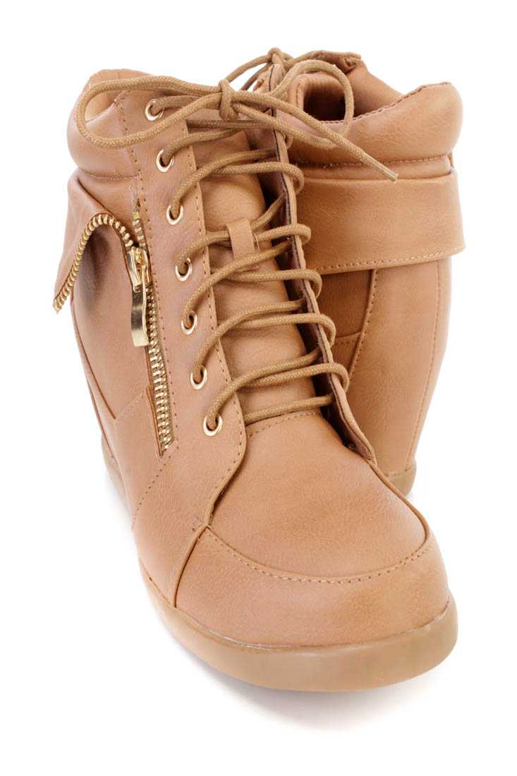 Tan Zipper Folded Sneaker Wedges Faux Leather