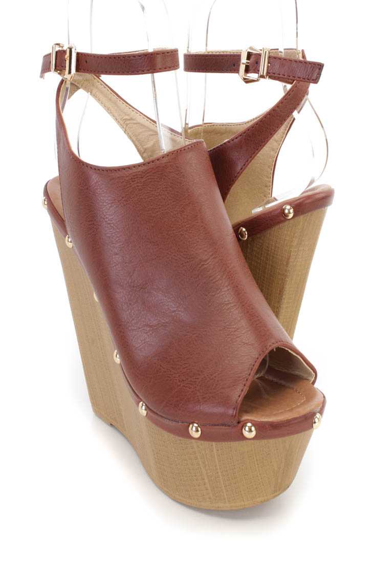 Brown Studded Slingback Platform Clog Wedges Faux Leather