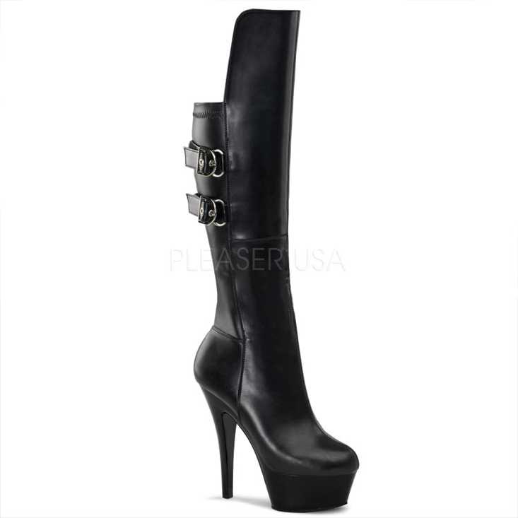 Black Strappy Knee High Boots Faux Leather