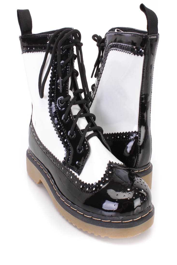 White Two Tone Wing Tipped Toe Combat Boots Faux Leather