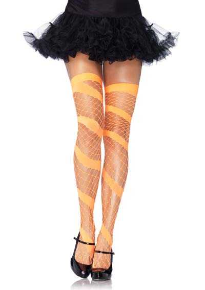 Neon Orange Swirl Diamond Net Thigh Highs