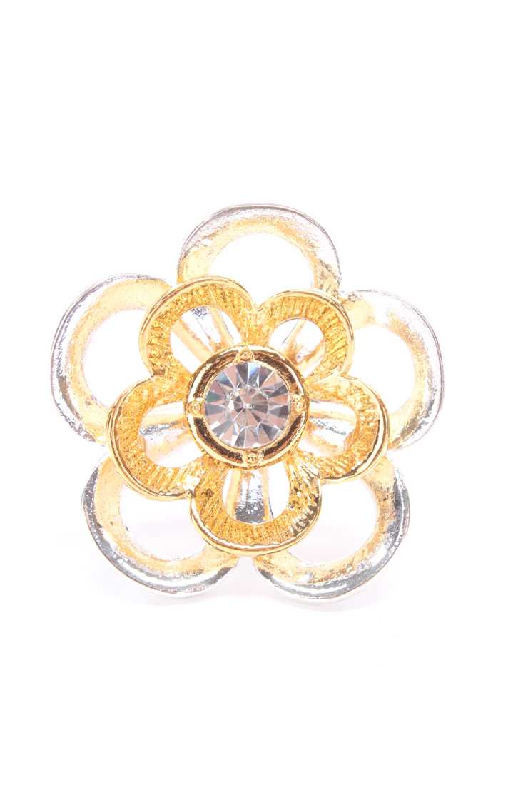Silver Gold Cut Out Flower Design Rhinestone Ring