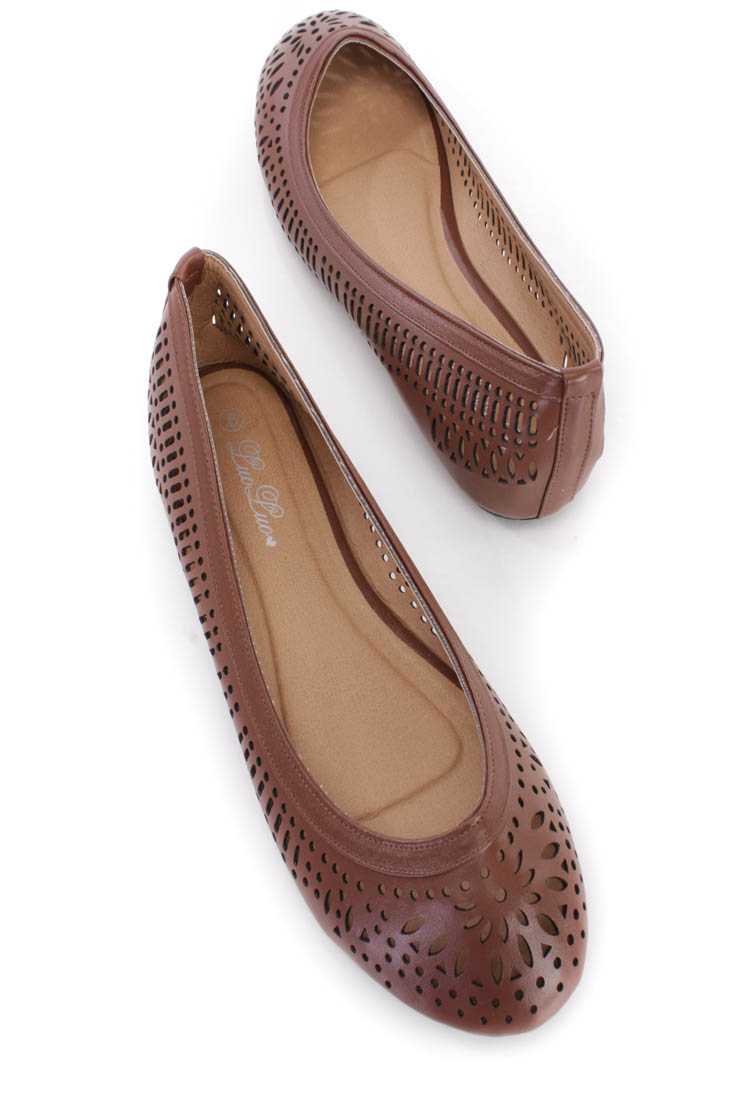 Dark Brown Faux Leather Perforated Closed Toe Flats