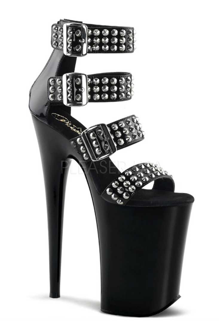 Black Spiked Embellished Belt Buckles Platform High Heels Patent