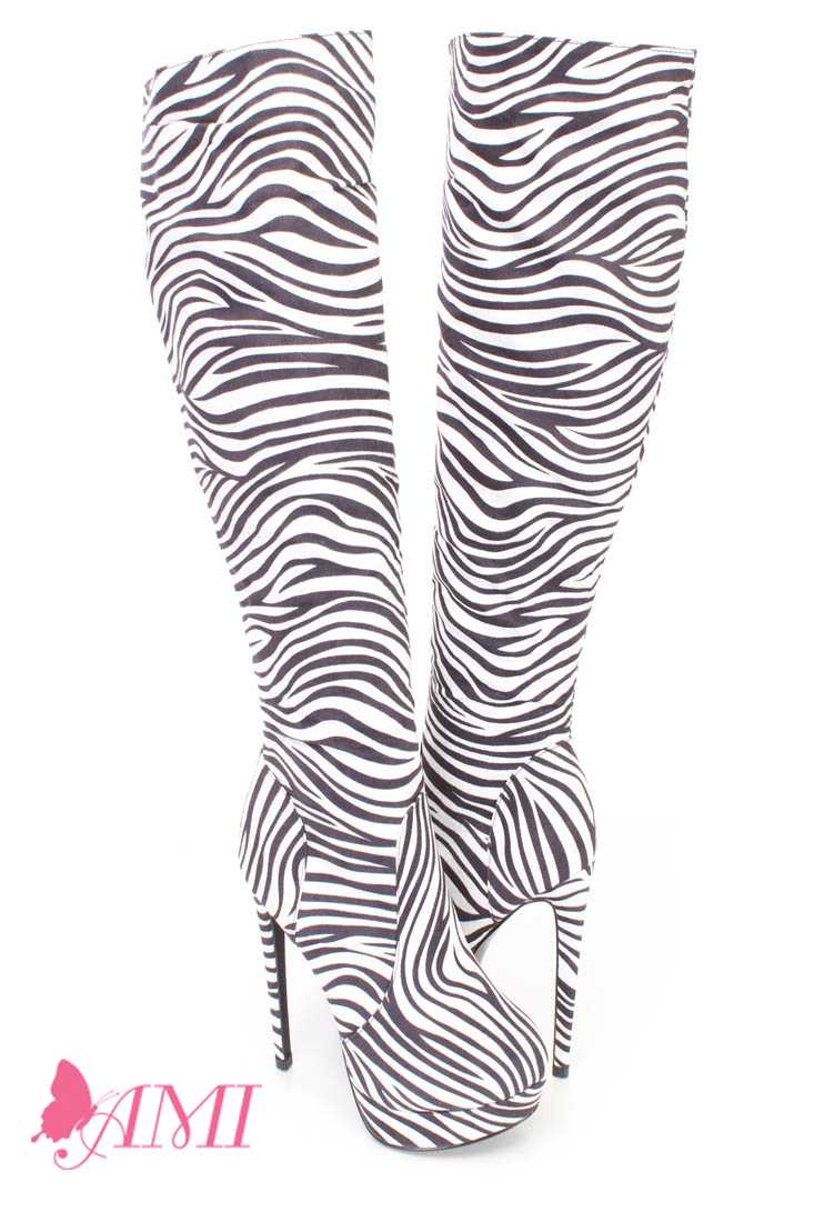 Zebra Platform High Heel Boots Faux Suede
