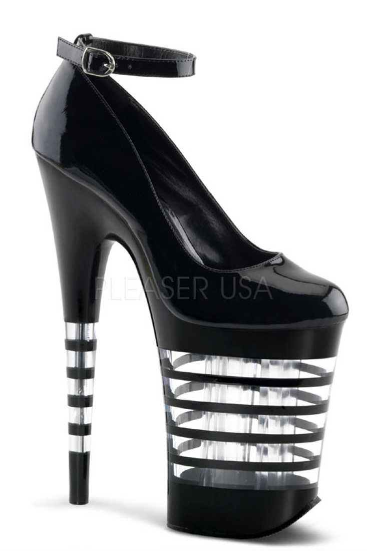 Black Layered Lined Platform High Heels Patent