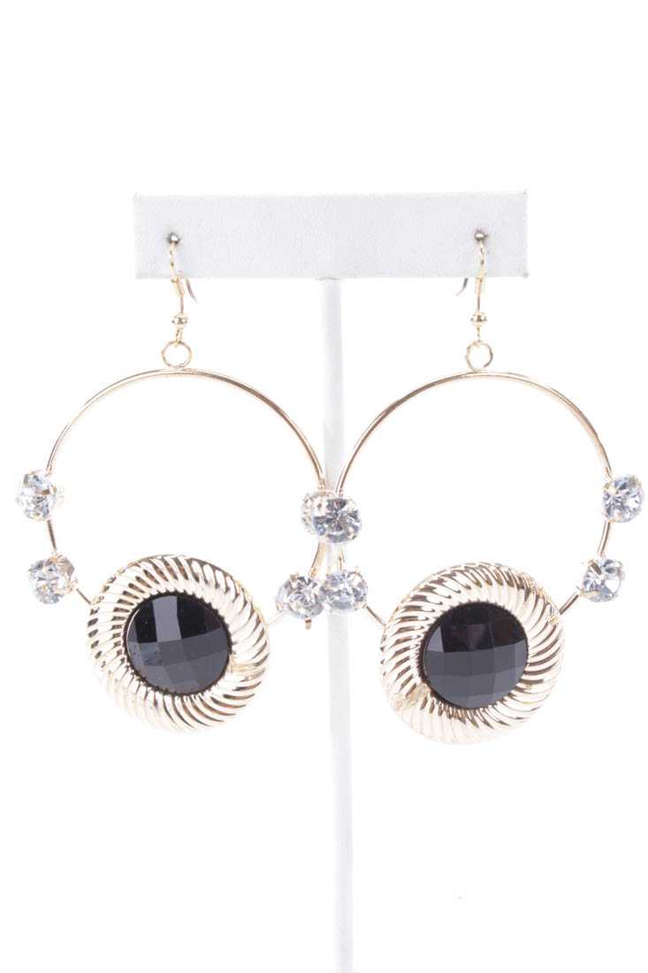 Black Gold Rhinestone Studded High Polish Hoop Earrings