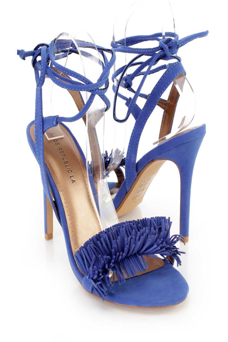 Blue Fringe Strap Wrap Around Single Sole High Heels Faux Suede