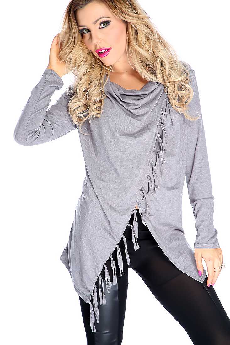 Grey Fringe Tulip Long Sleeve Top