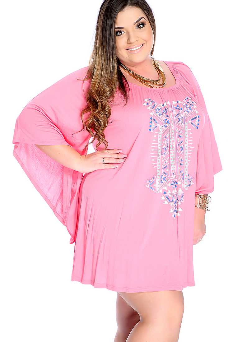 Sexy Pink Plus Size Tribal Print Detailing Casual Dress