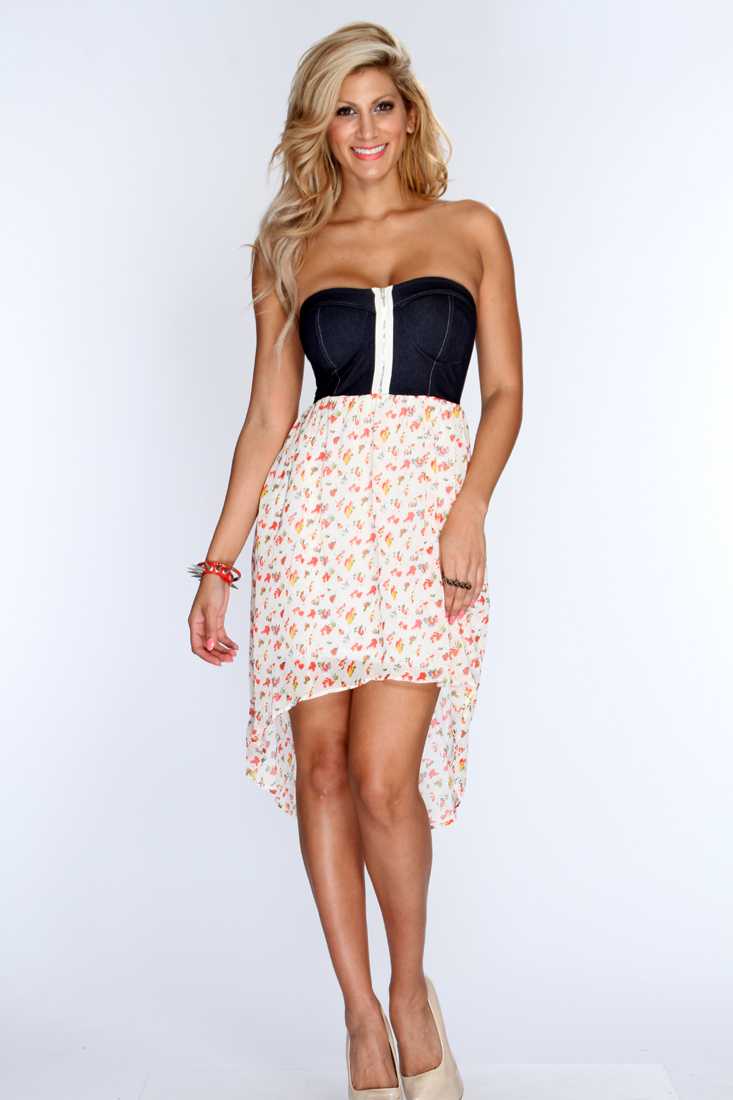 White Floral Print High Low Hem Party Dress