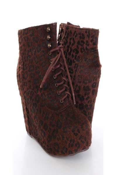Brown Faux Fur Leopard Print Ankle Bootie Wedges