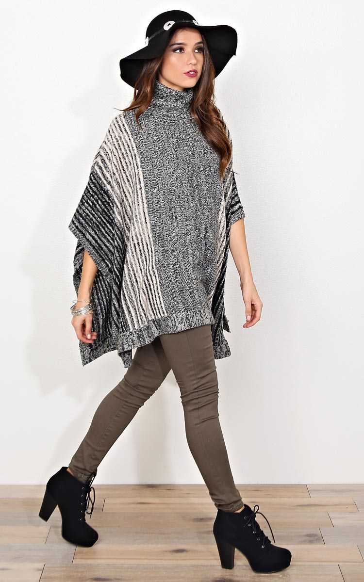 Winter Nights Sweater Knit Poncho - - Black Combo in Size by Styles For Less
