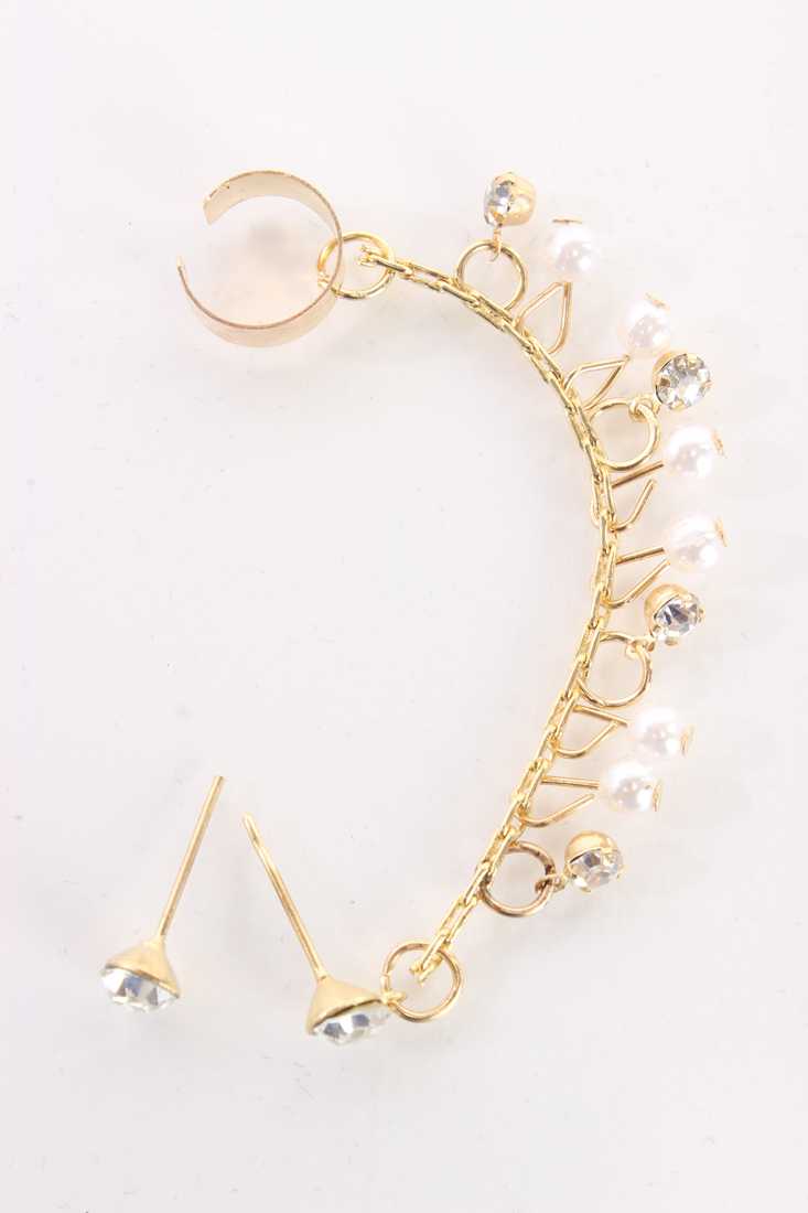 Gold Faux Rhinestone Pearl Ear Cuff Earrings