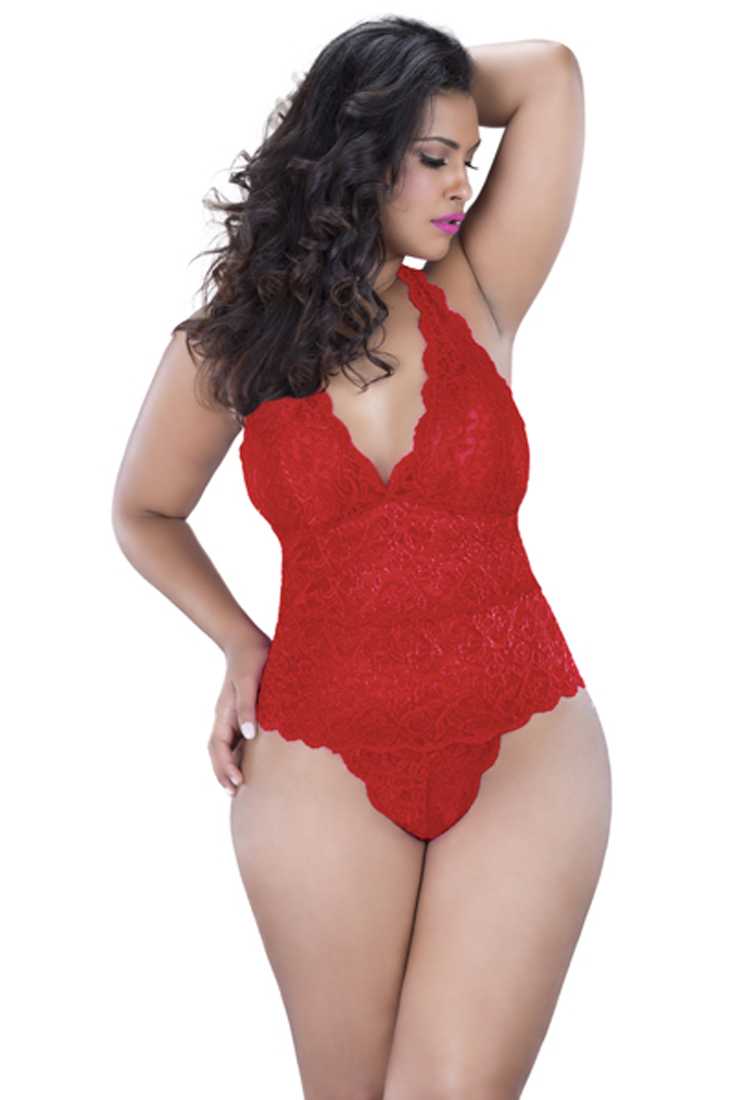 Red Lace Halter Sexy Intimates Plus Size Teddy